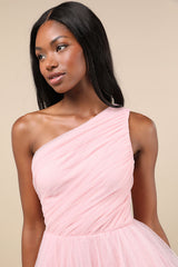 Exceptional Moments Light Pink Swiss Dot One-Shoulder Mini Dress