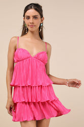 Sleek Dedication Hot Pink Satin Plisse Cutout Tiered Mini Dress