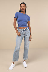 Sweet Ease Blue Textured Ribbed Ruched Short Sleeve Top