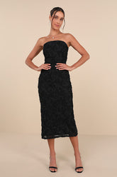 Flawless Perfection Black Floral Applique Strapless Midi Dress