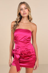 Major Event Fuchsia Satin Strapless Ruched Bow Mini Dress