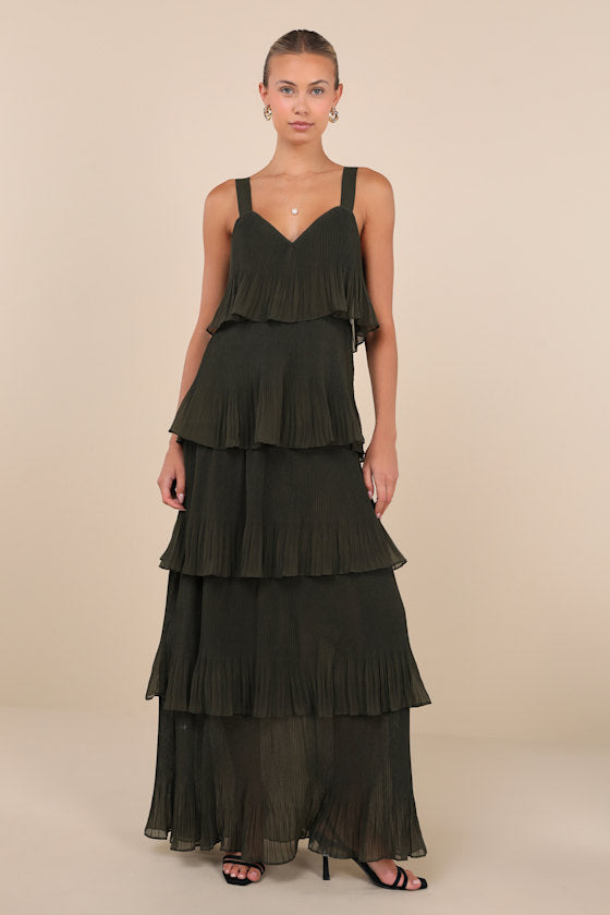 Elegant Nature Olive Green Pleated Sleeveless Tiered Maxi Dress