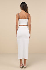 Trendy Match White and Brown Ribbed Two-Piece Midi Dress