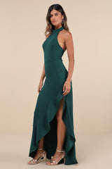 Majestic Perfection Emerald Green Ruffled Halter Maxi Dress