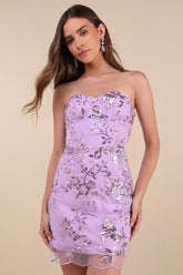 Confident Sensation Lavender Sequin Strapless Bustier Mini Dress