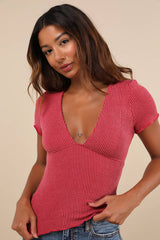Stylish Appeal Berry Pink Textured Short Sleeve Top