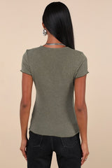 Stylish Appeal Olive Green Textured Short Sleeve Top