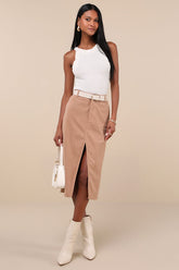 Refreshing Romance Tan Corduroy Midi Skirt