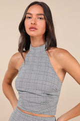 Trendy Momentum Black and White Plaid Backless Halter Top