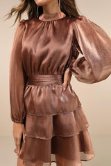 Ideal Behavior Bronze Metallic Backless Tiered Mini Dress