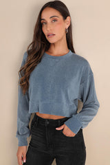 Relaxed Attitude Slate Blue Textured Ribbed Long Sleeve Crop Top