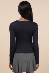Simple Adoration Navy Pointelle Scoop Neck Long Sleeve Top