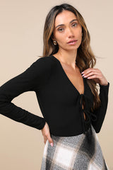 Lovely Ties Black Ribbed Knit Tie-Front Long Sleeve Bodysuit