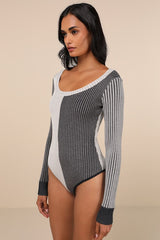Mod Cutie Grey Color Block Ribbed Long Sleeve Bodysuit