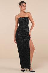 Stately Aura Black Mesh Velvet Strapless Bustier Maxi Dress