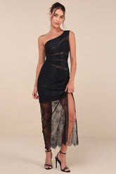 Sensational Flirt Black Sheer Lace One-Shoulder Maxi Dress