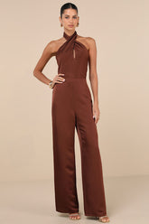 Beyond Classy Brown Satin Halter Wide-Leg Jumpsuit
