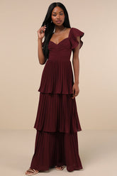 Notorious Charm Plum Purple Pleated Flutter Sleeve Maxi Dress