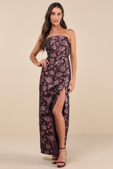 Demure Muse Plum Purple Floral Jacquard Strapless Maxi Dress