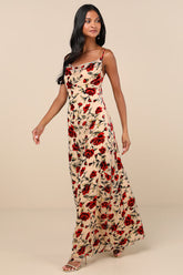 Romance in the Making Beige Floral Print Velvet Maxi Dress