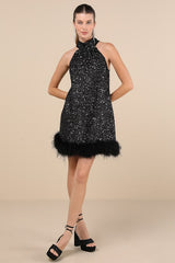 Magnetic Darling Shiny Black Sequin Feather Shift Mini Dress