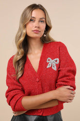Wintery Sparkle Heather Red Rhinestone Bow Cardigan