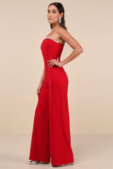 Lavish Muse Red Rhinestone Strapless Jumpsuit