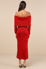 Cozy Excellence Heather Red Off-the-Shoulder Sweater Dress