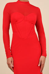 Sensational Appeal Red Mesh Cutout Long Sleeve Maxi Dress