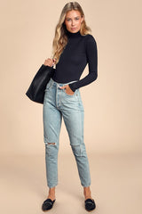 Wilde Black Ribbed Long Sleeve Mock Neck Bodysuit