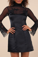 Exceptional Muse Black Satin Mock Neck Mini Dress