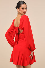 Excellent Presence Red Long Sleeve Tie-Back Mini Dress