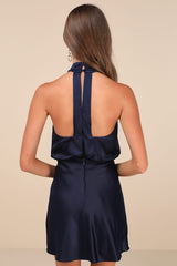 Sleek Essence Navy Blue Satin Halter Sleeveless Mini Dress