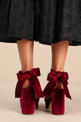 Sassyy Wine Velvet Bow Platform Ankle Strap Sandals