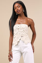 Envied Attitude Beige Crochet Strapless Crop Top