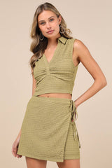 Luxe Cuteness Lime Green Textured Faux-Wrap Mini Skirt