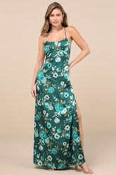 Wondrous Allure Green Floral Satin Backless Maxi Dress