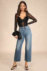 Stay Sultry Black Mesh Lace Long Sleeve Bodysuit