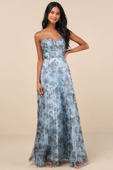 Most Beautiful Day Blue Multi Floral Print Organza Maxi Dress
