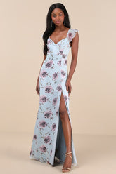 Sweetest Entrance Light Blue Floral Ruffled Tie-Back Maxi Dress