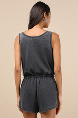 Perfect Lazy Day Charcoal Sleeveless Drawstring Lounge Romper