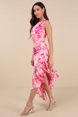 Divinely Blooming Pink Multi Floral One-Shoulder Midi Dress