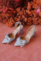 Suttonn Blue Satin Bow Ankle Strap Pointed-Toe Pumps