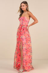 Wonderful Waltz Coral Floral Print Strapless Bustier Maxi Dress