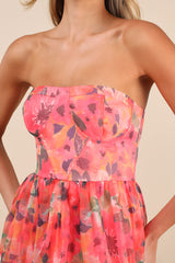 Wonderful Waltz Coral Floral Print Strapless Bustier Maxi Dress