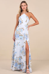 Romantic Marvel Light Blue Floral Print Halter Neck Maxi Dress