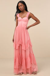 Stunning Personality Pink Mesh Off-the-Shoulder Maxi Dress