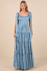 Picturesque Allure Slate Blue Jacquard Tie-Strap Maxi Dress