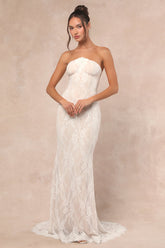 Valeria White Lace Strapless Bustier Maxi Dress