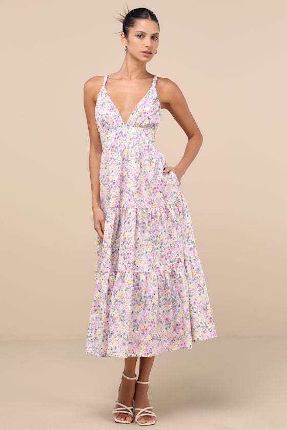 Brightly Blossoming Pink Multi Floral Tiered Midi Dress